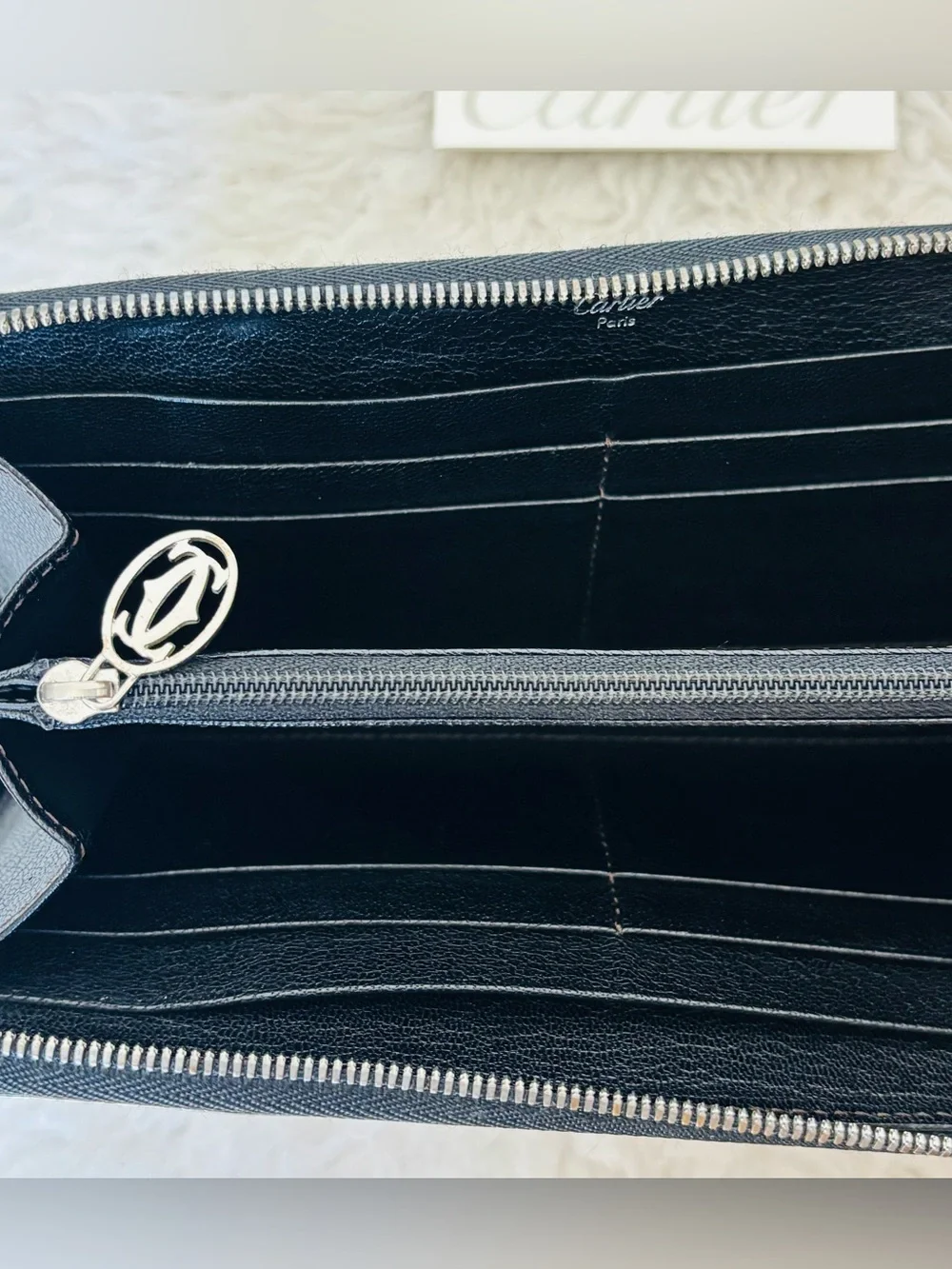 Cartier Black Leather Zip Around Flap Back Pocket Long Wallet w/ Booklet